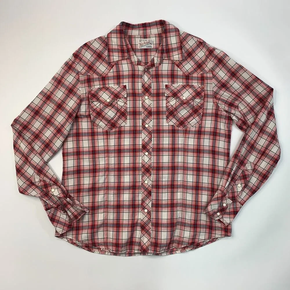 True Religion Western Shirt Mens 3XL XXXL Red Navy Plaid Pocket Snap Button Up